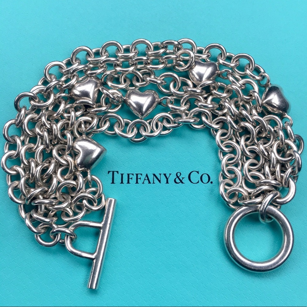 Multi-strand puffed heart toggle bracelet